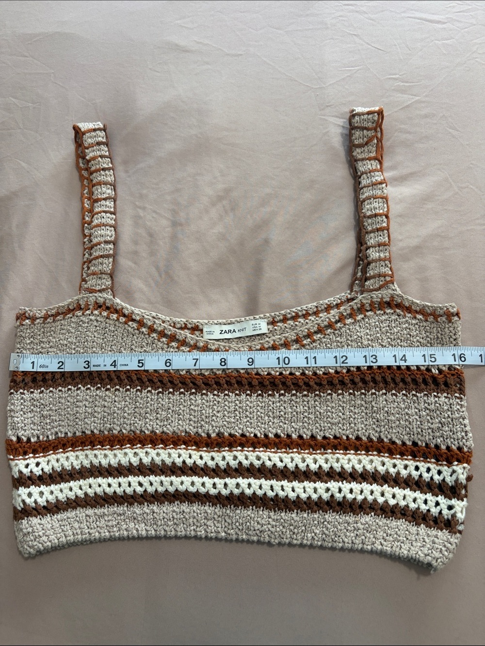 Zara Knit Brown & Cream Striped Crochet Cropped Tank - Picture 5 of 10
